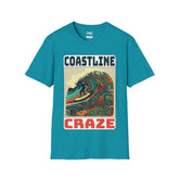 Coastline Craze Shirt - Man Surfing Colorful Summer Tee, Cool Beach Tee for Men, Trendy Summer Shirt, Perfect Summer Beach Outfit, Vacay Tee