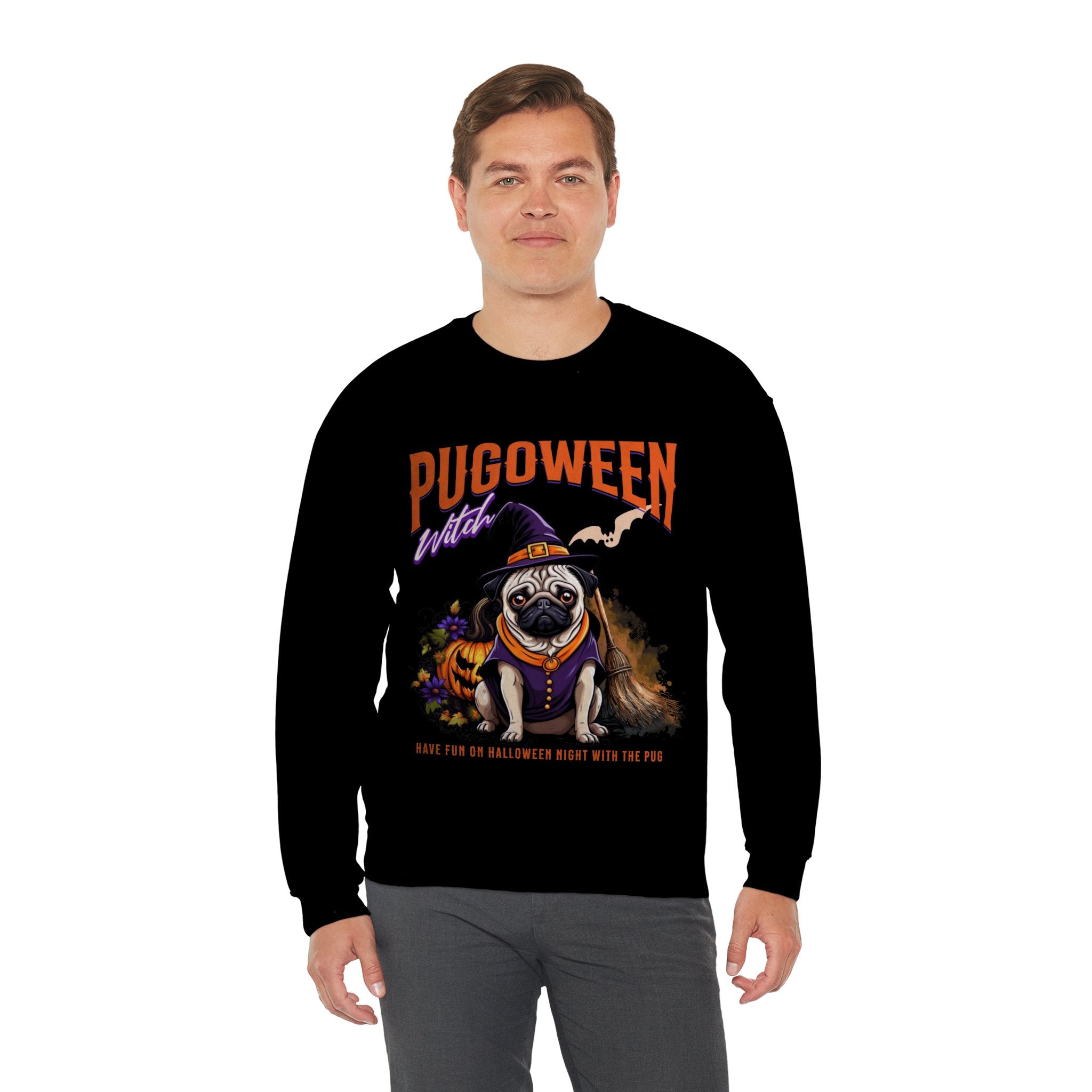 Pug Halloween Adult Sweatshirt - Pugoween Witch Sweatshirt, Dog Halloween Sweatshirt, Trendy Women Halloween Sweatshirt, Perfect Pug Gift