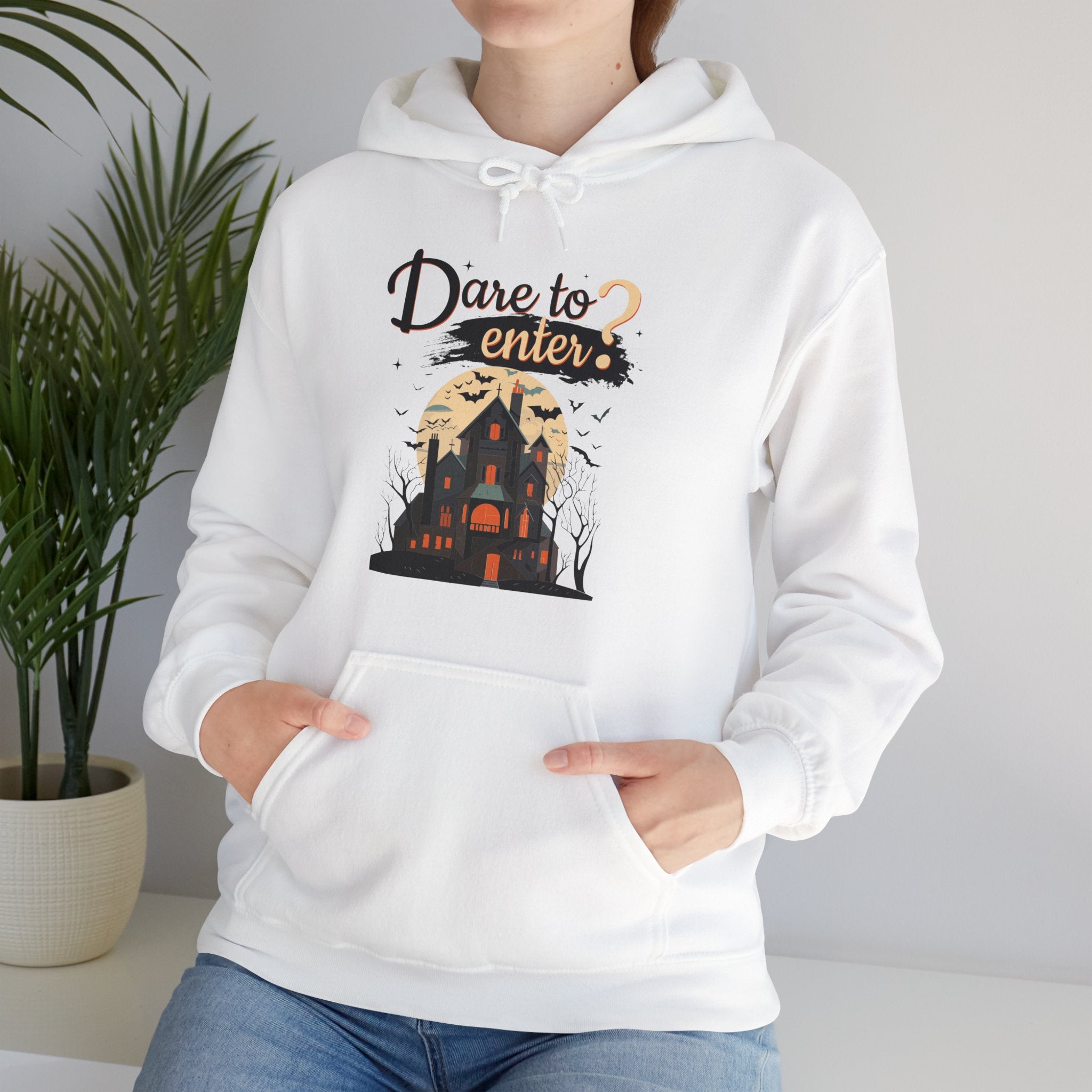 Dare to Enter Hoodie - Haunted House Design, Scary House Hoodie, Unisex Halloween Hoodie, Trendy and Halloween Apparel for Men and Women