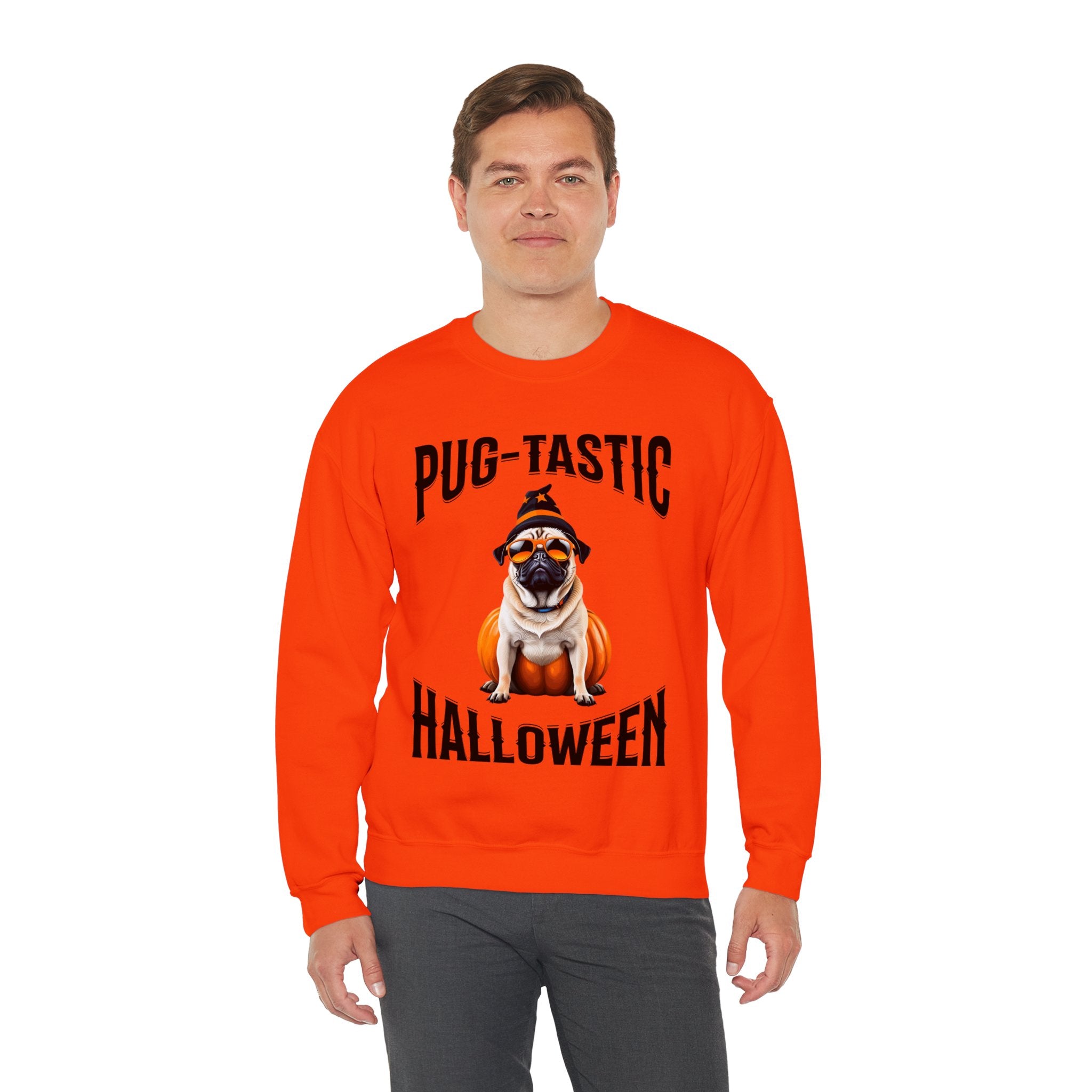 Pug Halloween Adult Sweatshirt - Pug-tastic Halloween Dog Adult Sweatshirt, Orange Halloween Adult Sweatshirts, Halloween Adult Sweatshirt