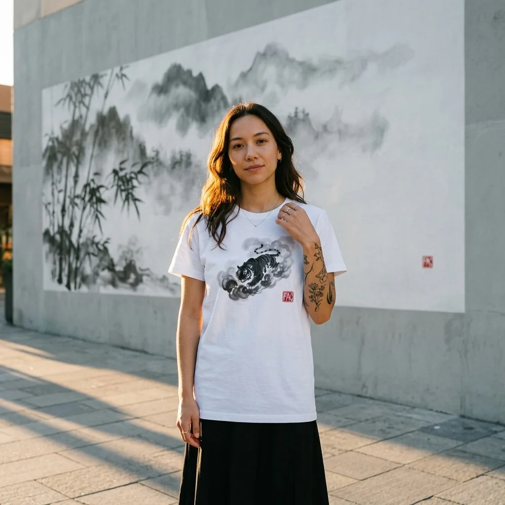 The Ink Tiger | Modern Japanese Sumi-e Ink T-Shirt — AI-generated model photo