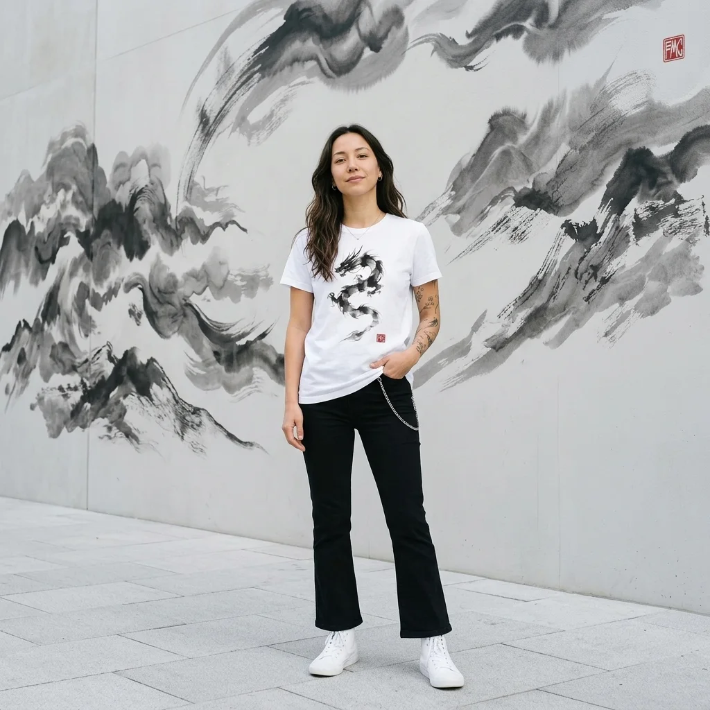 Ethereal Dragon | Modern Japanese Sumi-e Ink T-Shirt — AI-generated model photo