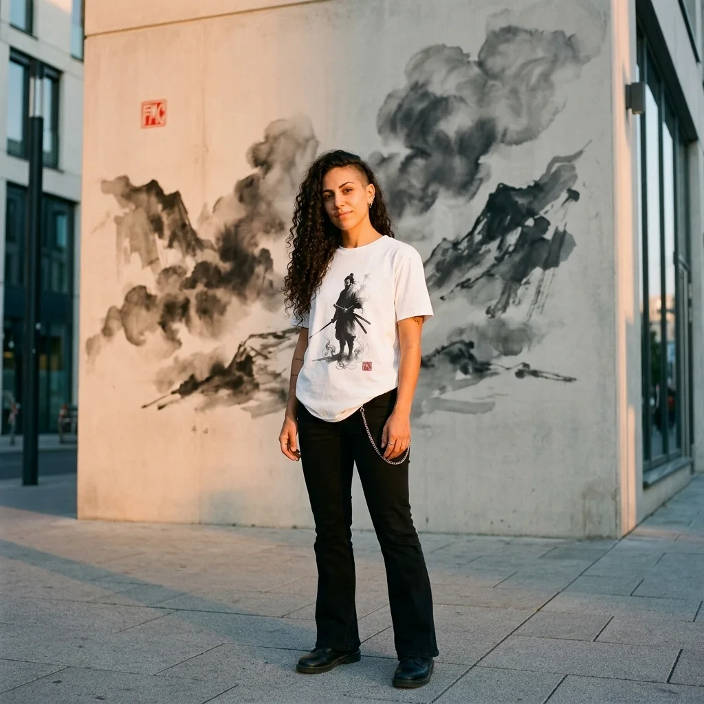 The Silent Ronin | Modern Japanese Sumi-e Ink T-Shirt — AI-generated model photo