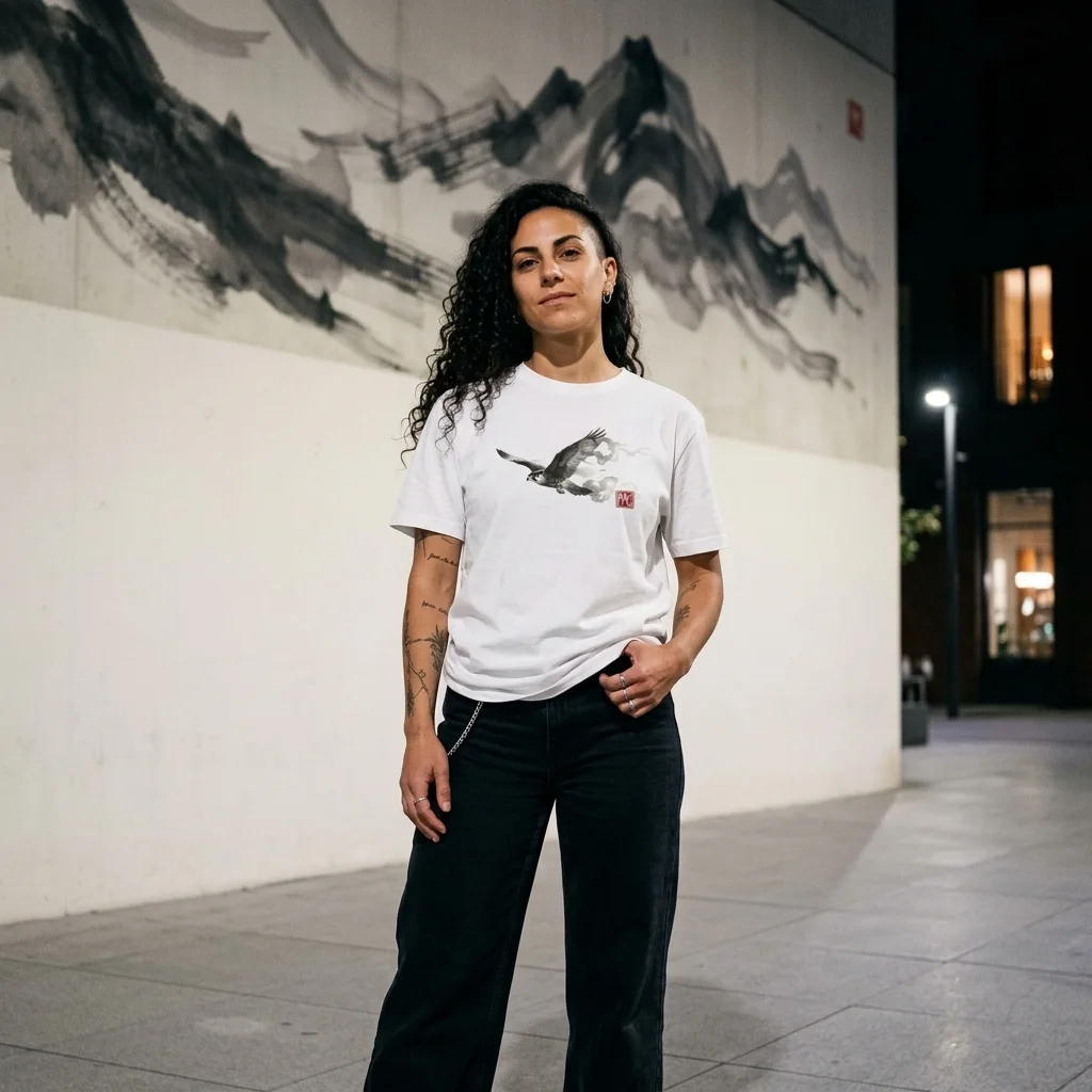 Rising Falcon | Modern Japanese Sumi-e Ink T-Shirt — AI-generated model photo