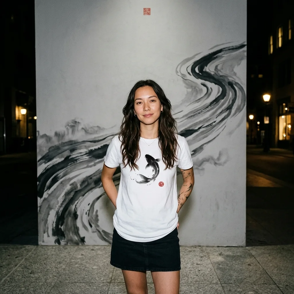 Flowing Koi | Modern Japanese Sumi-e Ink T-Shirt — AI-generated model photo