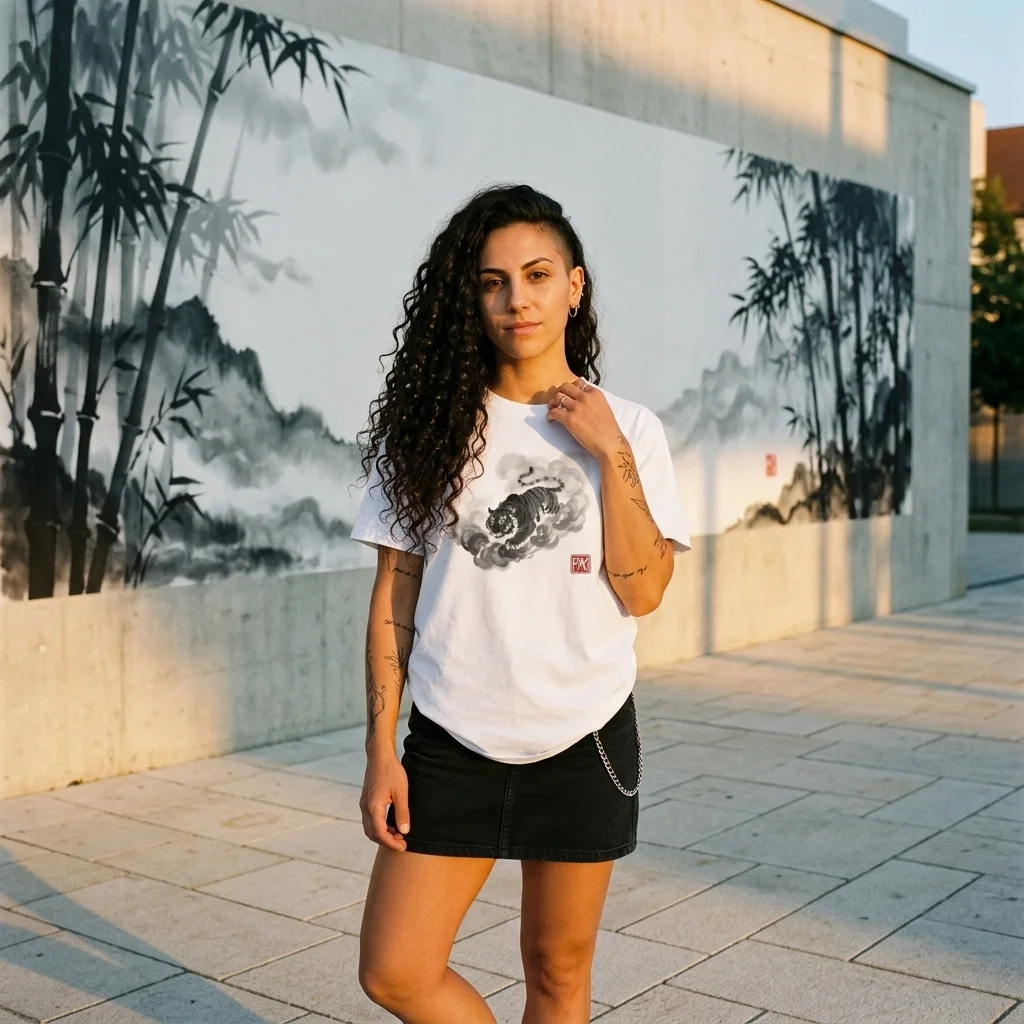 The Ink Tiger | Modern Japanese Sumi-e Ink T-Shirt — AI-generated model photo