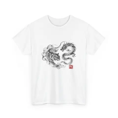 Tiger & Dragon | Modern Japanese Sumi-e / Ink Style Tshirt — White