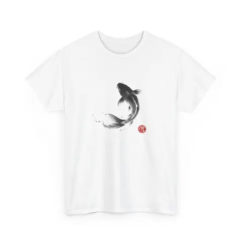 Flowing Koi | Modern Japanese Sumi-e Ink T-Shirt — White